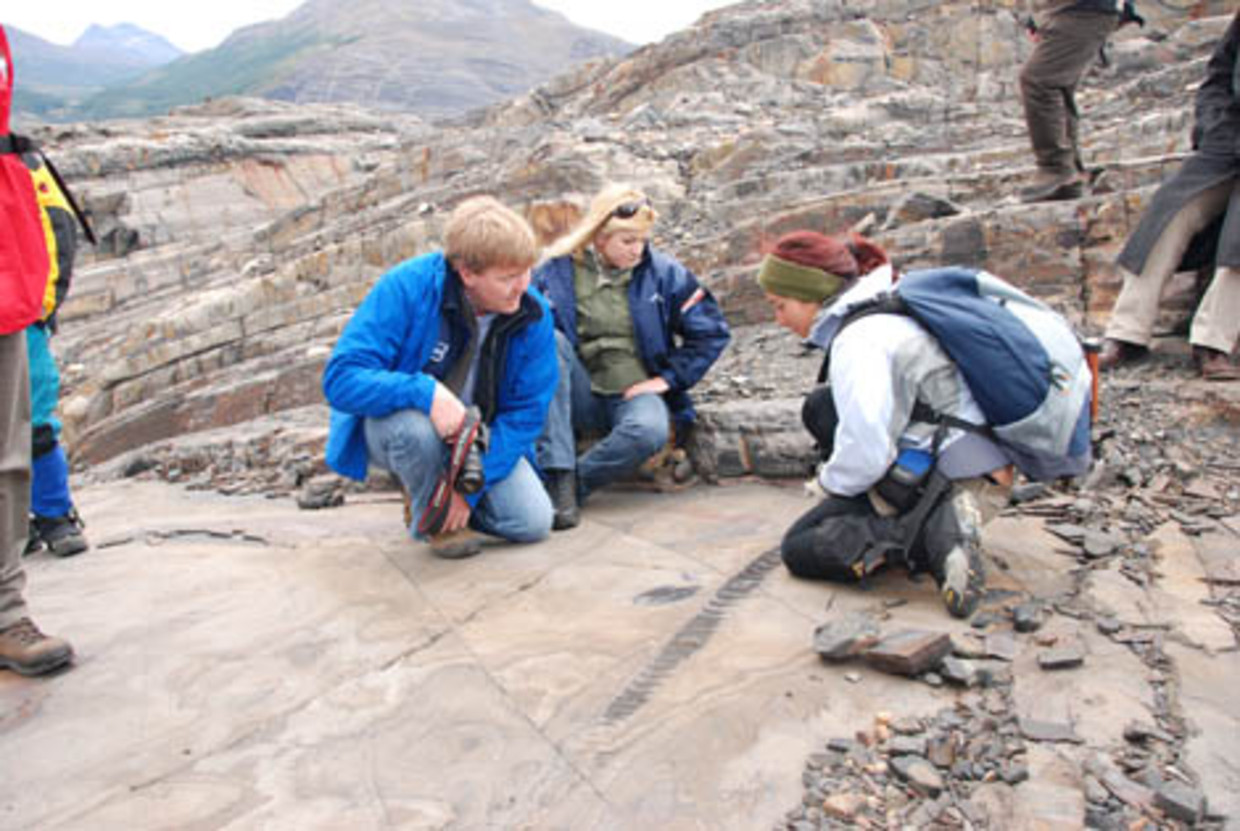 Judith Pardo geeft de Prins en Prinses uitleg bij fossiele resten van een ichthyosaurus (RVD) Beeld 