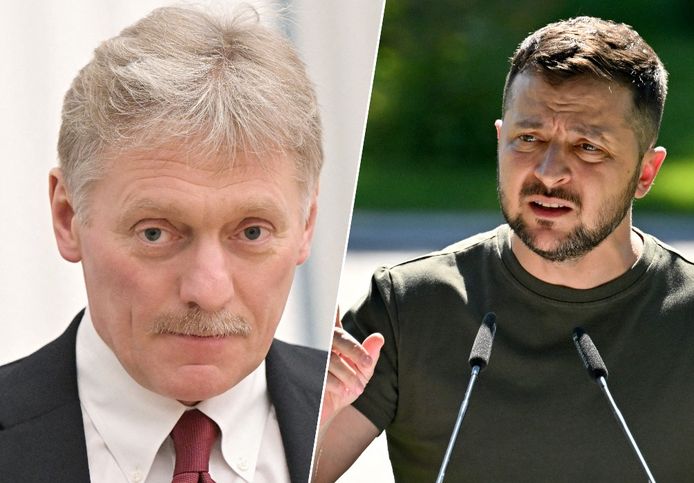 Le porte-parole du Kremlin, Dmitri Peskov et Volodymyr Zelensky.