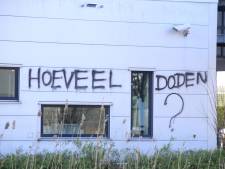 Gebouw coronatestmaker Roche in Almere beklad met tekst ‘Hoeveel doden?’