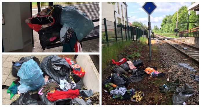 In en om het station lagen overal zakken met kleding verspreid.