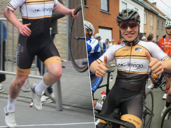 Spitsvondige wielrenner Tuur (16) is ook zonder fiets het peloton te snel af: “Sprintje ingezet met gebroken wiel in de hand”