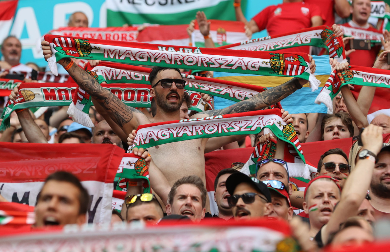 Hongaarse voetbalfans in de Puskas Arena.  Beeld Pool via REUTERS