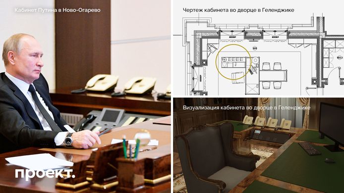 Poutine dans son espace de travail avec plusieurs téléphones fixes, comme on en voit aussi sur le plan et une photo prise à l’intérieur du palais au bord de la mer Noire.