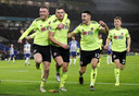 Vreugde bij de spelers van Sheffield United na de winnende goal van Oliver McBurnie (links) tegen Brighton afgelopen zaterdag.