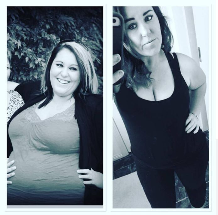 Sara voor ze aan haar afvalrace begon (links) en rechts rond de tijd dat haar gewicht voor het eerst onder de honderd kilo zat, een eerste mijlpaal.