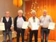 De jubilarissen van mannenkoor De Nachtegaal in Someren. Van links naar rechts: Evert-Jan Swinkels (25 jaar), Noud van der Weerden (12,5 jaar), Maan Verdonschot (12,5 jaar) en Thieu Verhees (25 jaar).