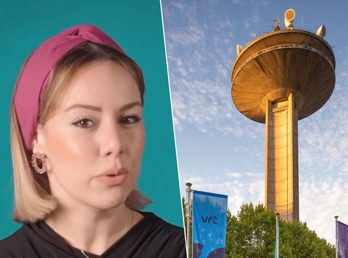 VRT NWS-journaliste Loubna Khalkhali verschijnt plots zonder haar gekende hoofddoek in een video van de redactie van 'Vranckx'. / Illustratie VRT VRT-toren toren Reyerslaan Schaarbeek Brussel