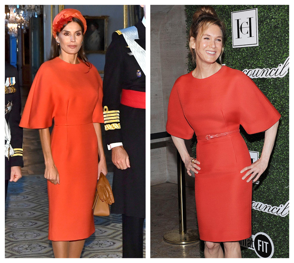 Koningin Letizia deze week en Renee Zellweger in 2014.