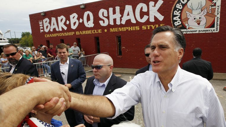 De Republikeinse presidentskandidaat Mitt Romney afgelopen weekend in Evansville. Beeld ap