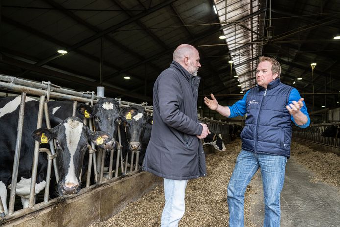 Boer Rudie te Selle (r) spreekt in zijn stal met D66-politicus Stan Hellegers: ,,De hele problematiek wegdrukken heeft geen zin.’’