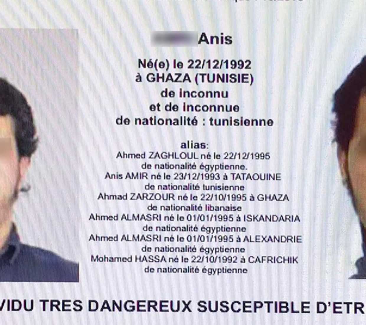 De Franse versie van het opsporingsbevel, met daarop de aliassen van Anis. Beeld afp
