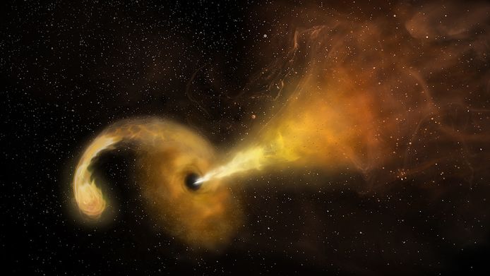 Illustratie van een zwart gat dat een straal energiedeeltjes wegschiet.