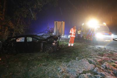 Automobilist raakt door gladheid van snelweg A35 en botst tegen bomen
