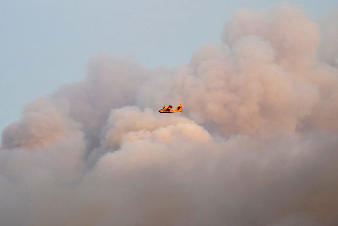 A fire-fighting plane extinguishes a wildfire near Kalamonas.