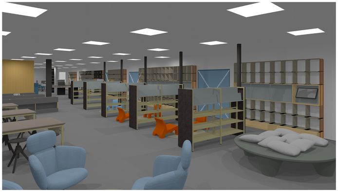 Theek5 in CC De Boodschap komt vooraan in het gebouw. Het gesloten karakter van de bieb is doorbroken, muren zijn verdwenen zodat een open ruimtelijke indeling is ontstaan.