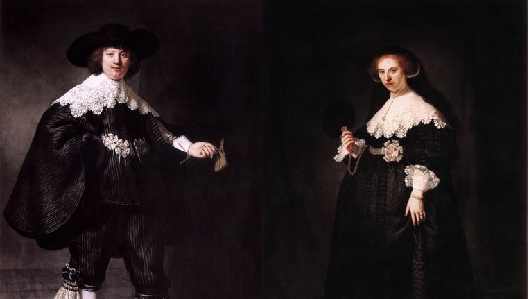 De portretten van Maerten Soolmans (links) en Oopjen Coppit, geschilderd door Rembrandt. Beeld Art Market Monitor
