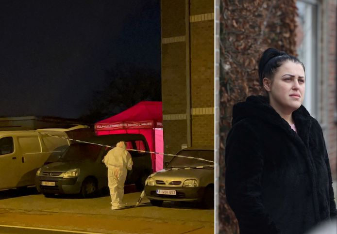 Het sporenonderzoek na het gezinsdrama in Pelt. De zus van het slachtoffer, Fehima (rechts), bezocht maandagmiddag het appartement.