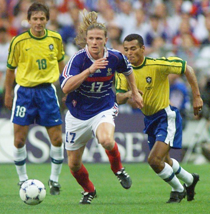 Emmanuel Petit  tijdens de WK-finale in 1998. Toen klopte Frankrijk Brazilië met 3-0.