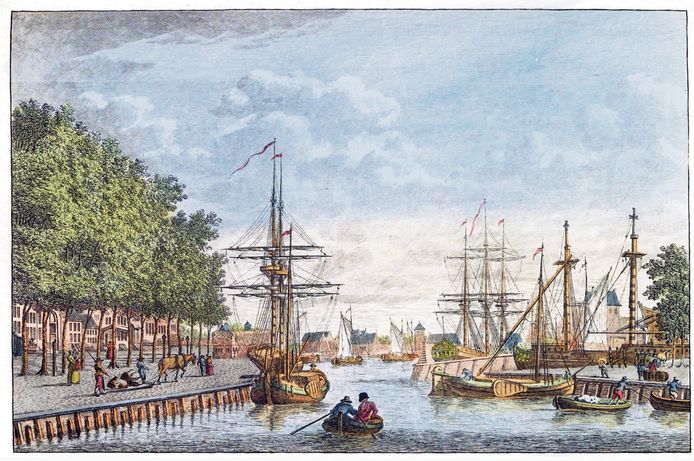 Haven van Middelburg, eind achttiende eeuw, door Mathias de Sallieth