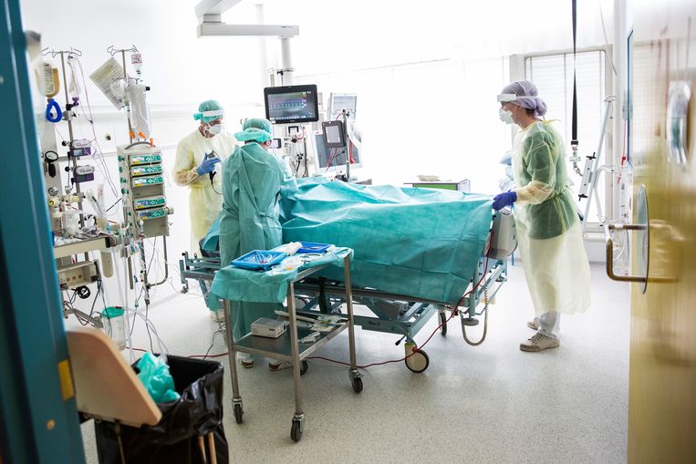 Een patiënt met Covid-19 wordt behandeld op de intensive care van een ziekenhuis in Kopenhagen. Beeld EPA