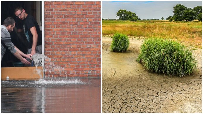 Wateroverlast in Aartselaar en langdurige droogte in Langemark. Volgens het KMI krijgen we de komende jaren steeds meer extreem weer.