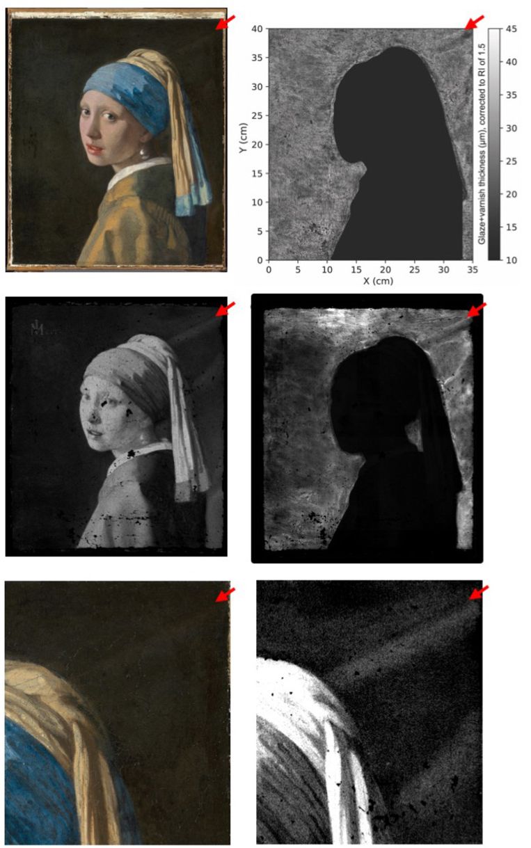 Een van de verrassendste ontdekkingen was dat de achtergrond van het Meisje niet zomaar een lege donkere ruimte is: Vermeer schilderde haar voor een groen gordijn. Met de nieuwe technieken zijn diagonalen en kleurverschillen rechtsboven in het schilderij waargenomen die geplooide stof suggereren. Beeld 