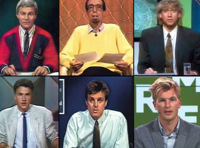 ‘Sportweekend’-presentatoren (v.l.n.r. boven) Louis De Pelsmaeker, Ivan Sonck, Carl Huybrechts, (v.l.n.r. onder) Mark Uytterhoeven, Frank Raes en Ruben Van Gucht. Van Gucht: ‘Sportweekend is echt wel een instituut. Dat begin ik meer en meer te beseffen.’
 Beeld HLN