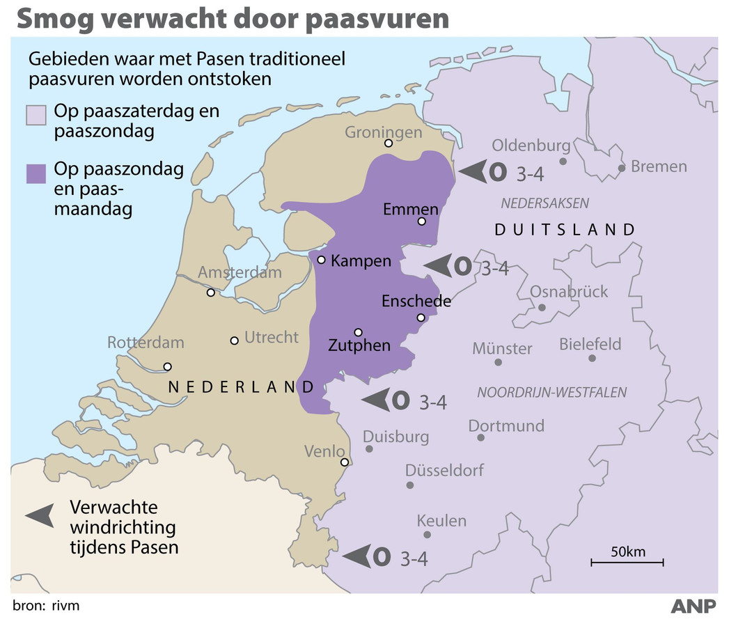 kaart nederland duitsland Smog alert RIVM wegens paasvuren, eerst de Duitse daarna die in 