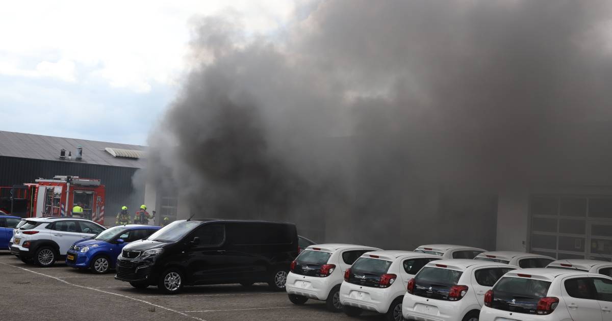 Enorme rookwolken bij zeer grote brand in autogarage Visscher in Tiel .