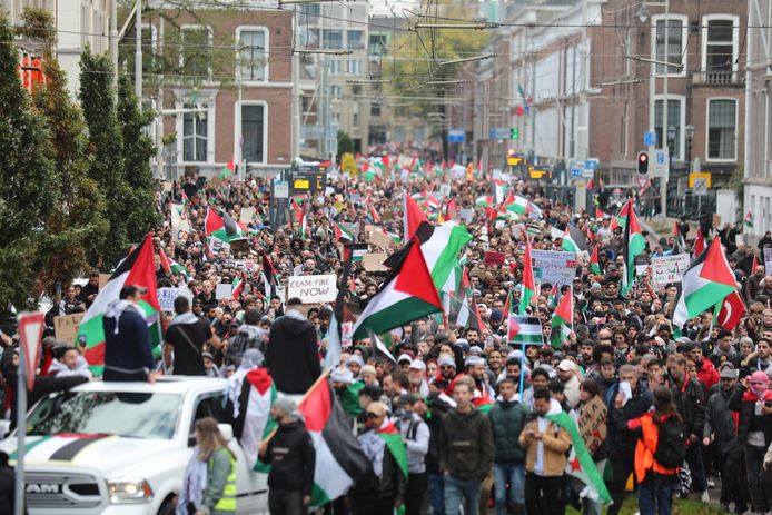 Enorme stoet van demonstranten loopt door Den Haag.