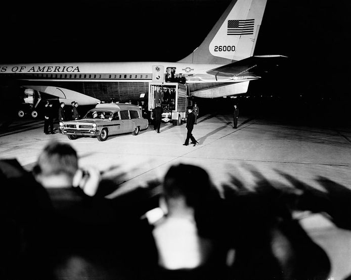 Air Force One lands at Andrews Air Force Base in Maryland, not far from Washington, DC, with the body of the murdered John Kennedy.