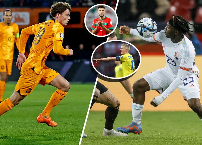 Mats Wieffer (links) en Johan Bakayoko (rechts). Inzetjes: Oleksandr Zinchenko (onder) en Noussair Mazraoui.