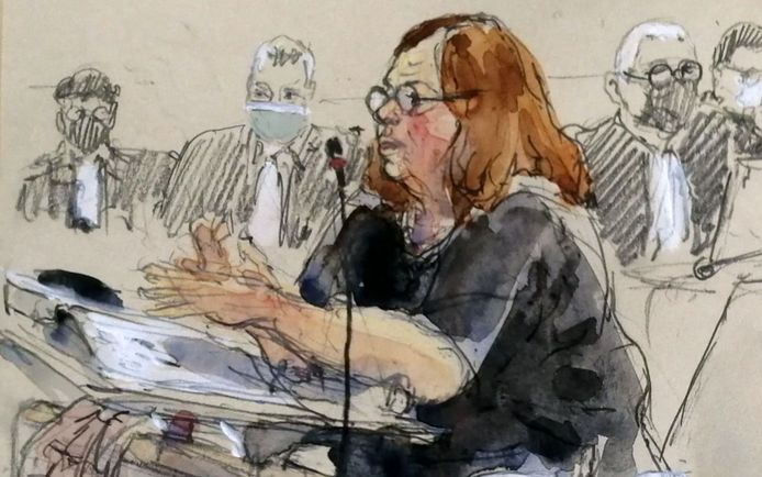 Een schets van Isabelle Panou tijdens haar getuigenis op het terreurproces in Parijs.