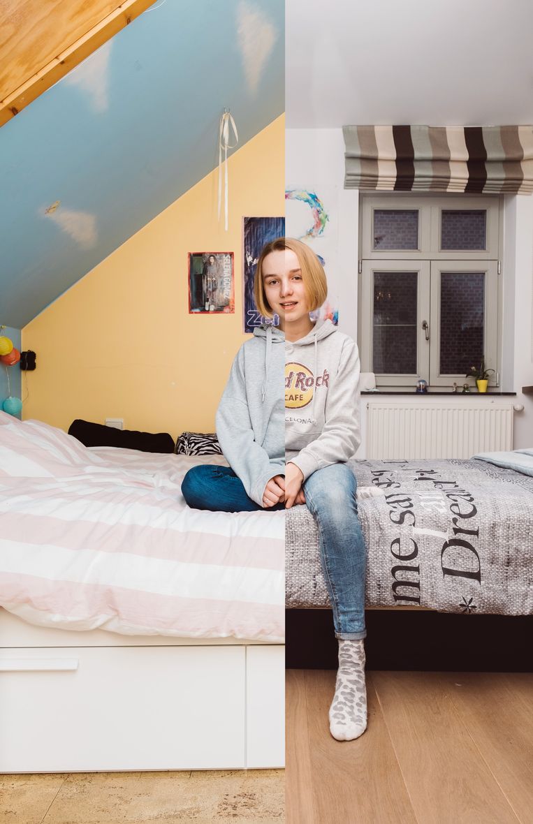Noor (13) op haar kamer bij haar vader in Scheldewindeke (l) en op haar kamer bij haar moeder in Bonheide (r). 'Ook ik moest eerst mijn plaatsje zoeken. Maar nu voel ik me overal thuis.' Beeld Wouter Van Vooren