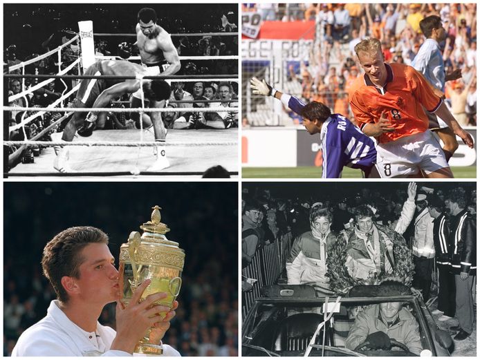 Nostalgische sportmomenten. Van links naar rechts en van boven naar beneden: Muhammed Ali tegen George Foreman, Dennis Bergkamp scoort in 1998, de Wimbledon-titel van Richard Krajicek en Elfstendetochtwinnaar Evert van Benthem.