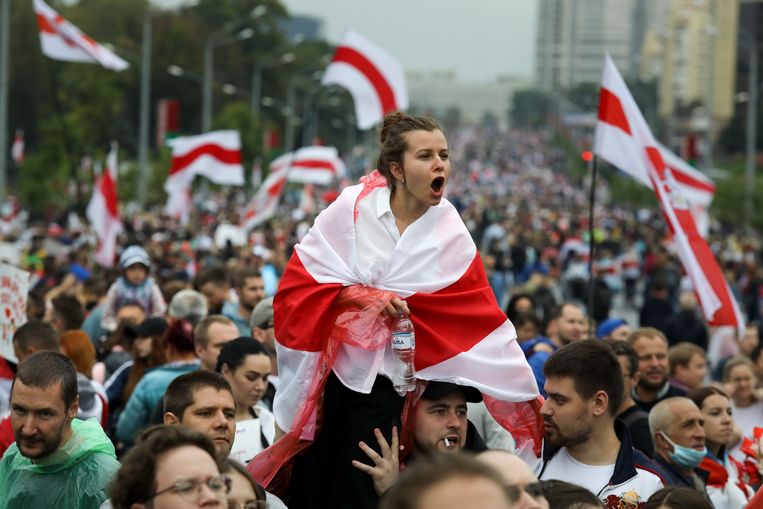 Demonstratie in september 2020 in Minsk tegen de Wit-Russische president Loekasjenko. Beeld AP