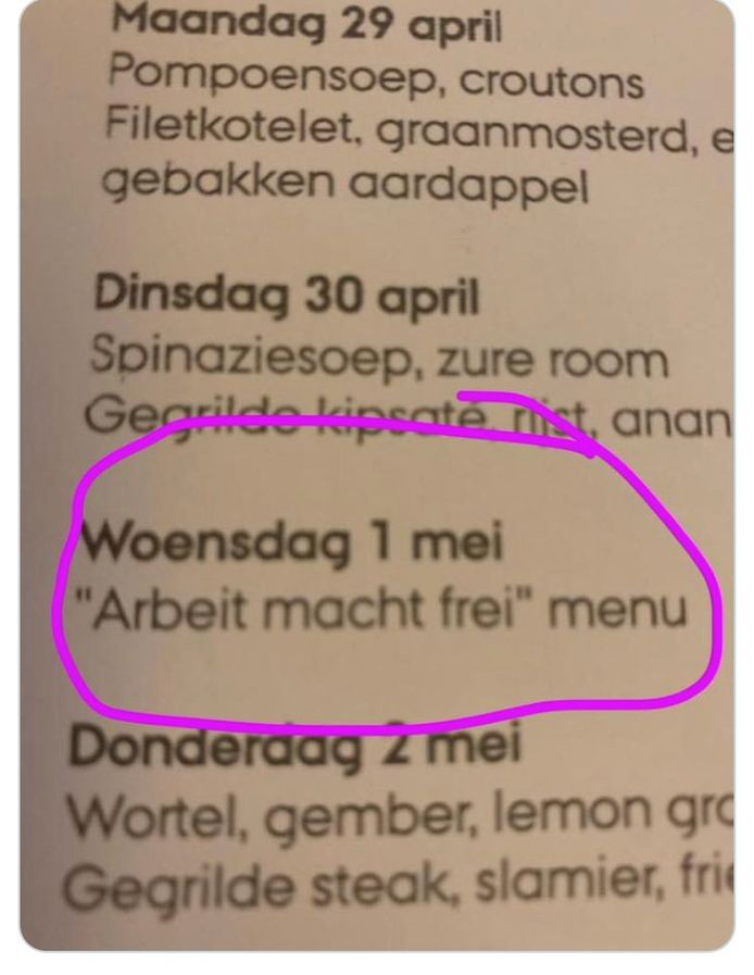 Om 10u.00 kon men het 'Arbeit macht Frei'- menu nog bestellen in de Hasseltse Orangerie