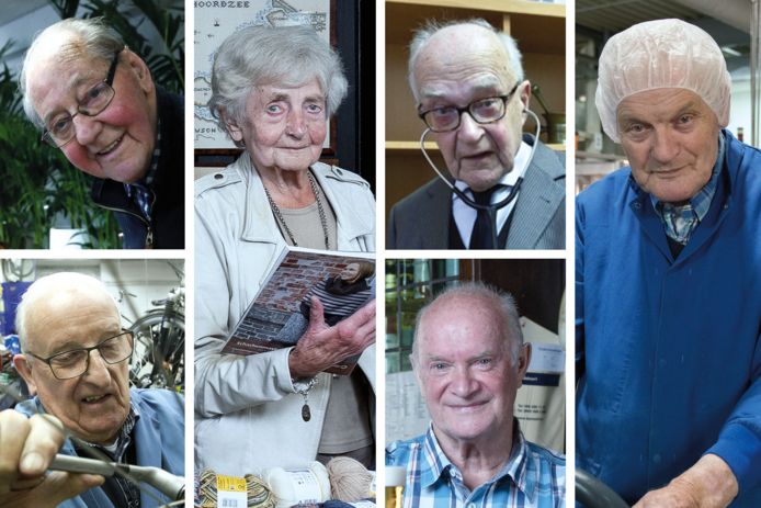 (Vlnr) Bloemist Frans Verhoeks (90), fietsenmaker Jaap Bos (83), Annie Mes (96) in haar wolwinkel, huisarts Kees Kentie (83), kastelein Paul van Egmond (75) en Jan Schaap (85) al 60 jaar in dienst van pepernotenfabriek Van Delft.
