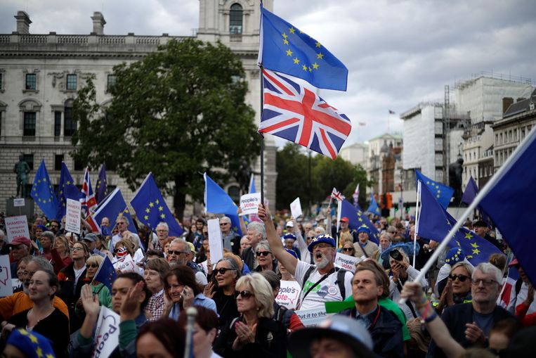 Remainers tonen de Britse en Europese vlag in Londen. Beeld AP