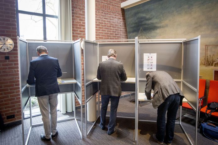 BORNE - De collegeleden (met burgemeester Rob Welten) in Borne stemmen gezamenlijk in het stadhuis.