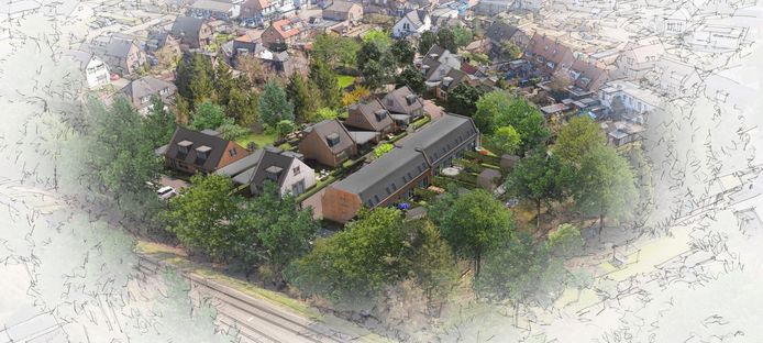 Een artist impression van De Schildershof. Het gaat om een rij starterswoningen en tien zogenoemde comfortwoningen voor senioren.