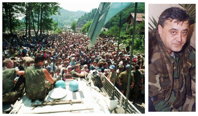 11 juli 1995: Bosnische moslims zoeken na de val van de enclave Srebrenica hun toevlucht tot de Nederlandse VN-basis in het nabijgelegen Potocari. De Nederlandse VN-blauwhelmen staan machteloos tegen de Bosnisch-Servische troepen. Foto rechts:  Milomir Savcic in de jaren negentig.