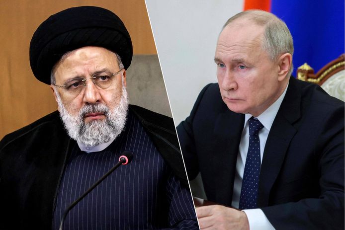De Iraanse president Ebrahim Raisi en de Russische president Vladimir Poetin.