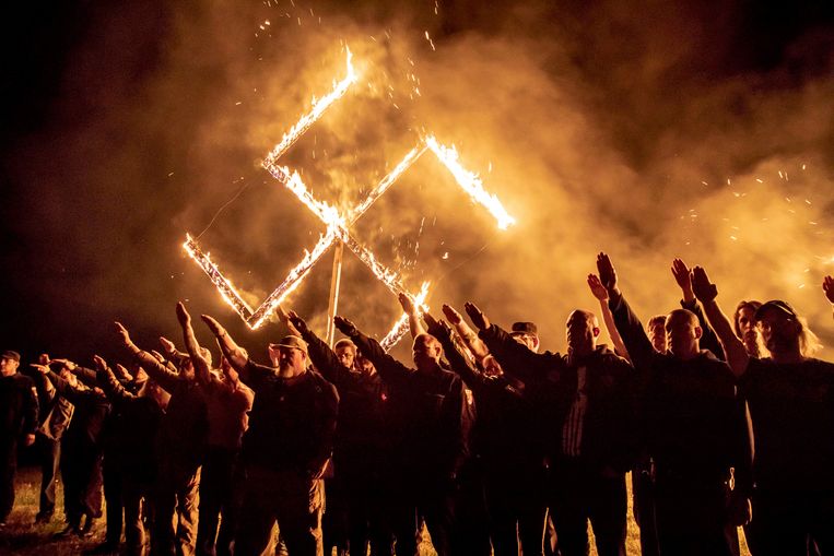 Leden van de National Socialist Movement brengen de Hitler-groet.  Beeld Mark Peterson/Redux/HH