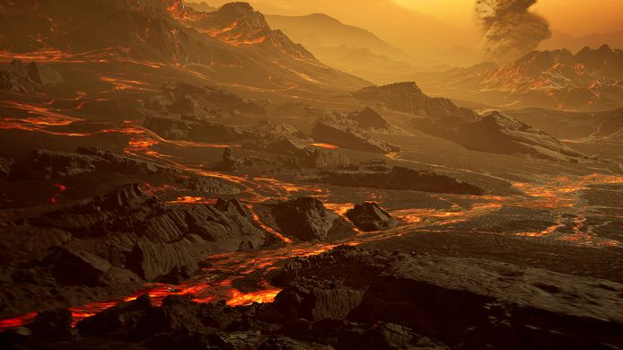 Een impressie van het oppervlakte van de net ontdekte exoplaneet Gliese 486 b, waar de temperaturen rond de 430 graden celsius zijn.