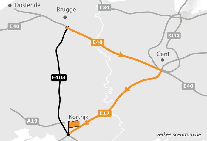 Van Brugge naar Kortrijk kies je beter voor de route via Gent (E17 + E40).
