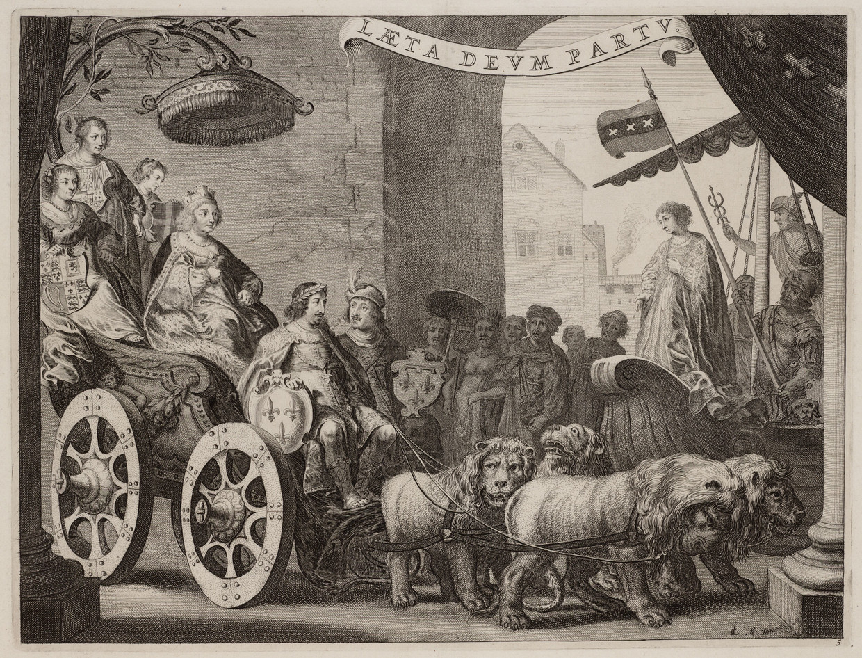 Maria de Medici als Berecynthia, op een door haar zoon Lodewijk XIII bestuurde wagen, wordt door de Amsterdamse maagd begroet.  Beeld Stadsarchief