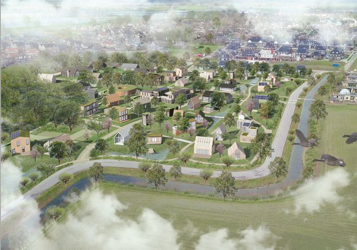 Vogelvluchtimpressie van de toekomstige wijk Olstergaard in Olst. Hoe de woningen er uiteindelijk uit komen te zien, bepalen de toekomstige bewoners.