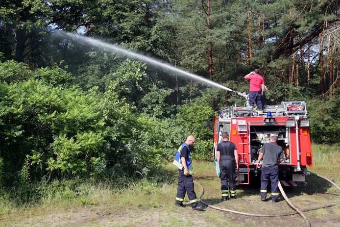 Brandweerlieden spuiten preventief een bos nat in de Duitse deelstaat Mecklenburg-Vorpommern.