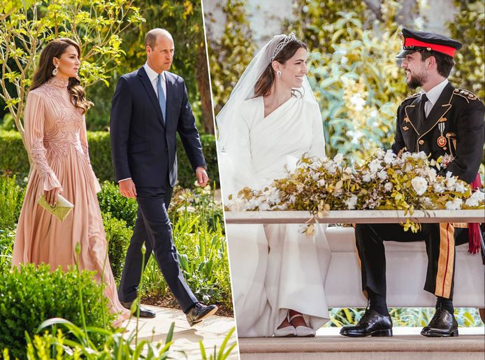 De Britse prins William en zijn vrouw Kate arriveren op donderdag 1 juni 2023 in Amman, Jordanië, bij de huwelijksceremonie bij (links) en de Jordaanse kroonprins Hussein en Rajwa Alseif tijdens de huwelijksceremonie in Amman, Jordanië (rechts).